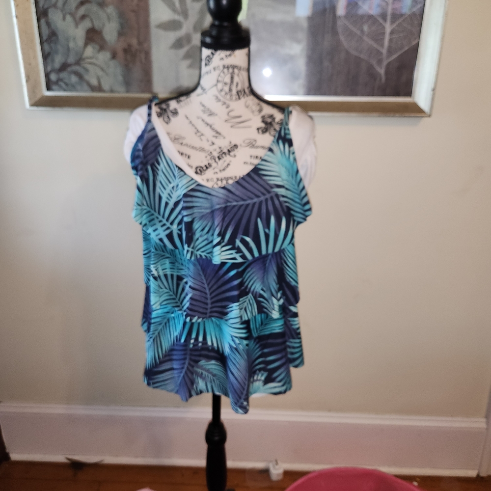 Your Best Look's Tropical Palm Print Swim Tankini Top - Blue/Teal
